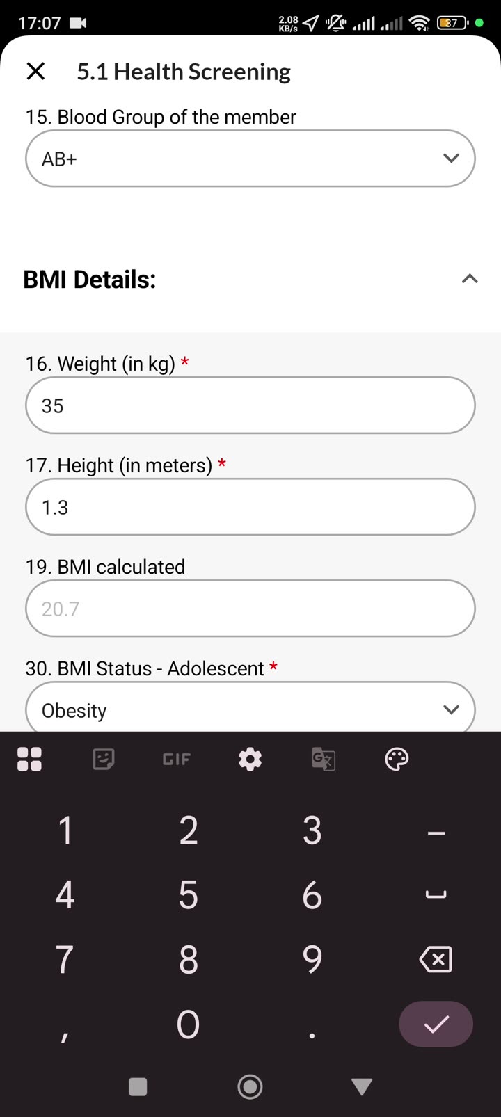 BMI section — weight 35 kg, height 1.3 m, BMI 20.7, BMI Status Adolescent = Obesity