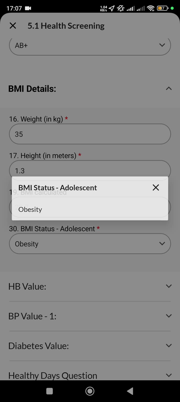BMI status auto-calculated — section overview showing HB, BP, Diabetes sections below