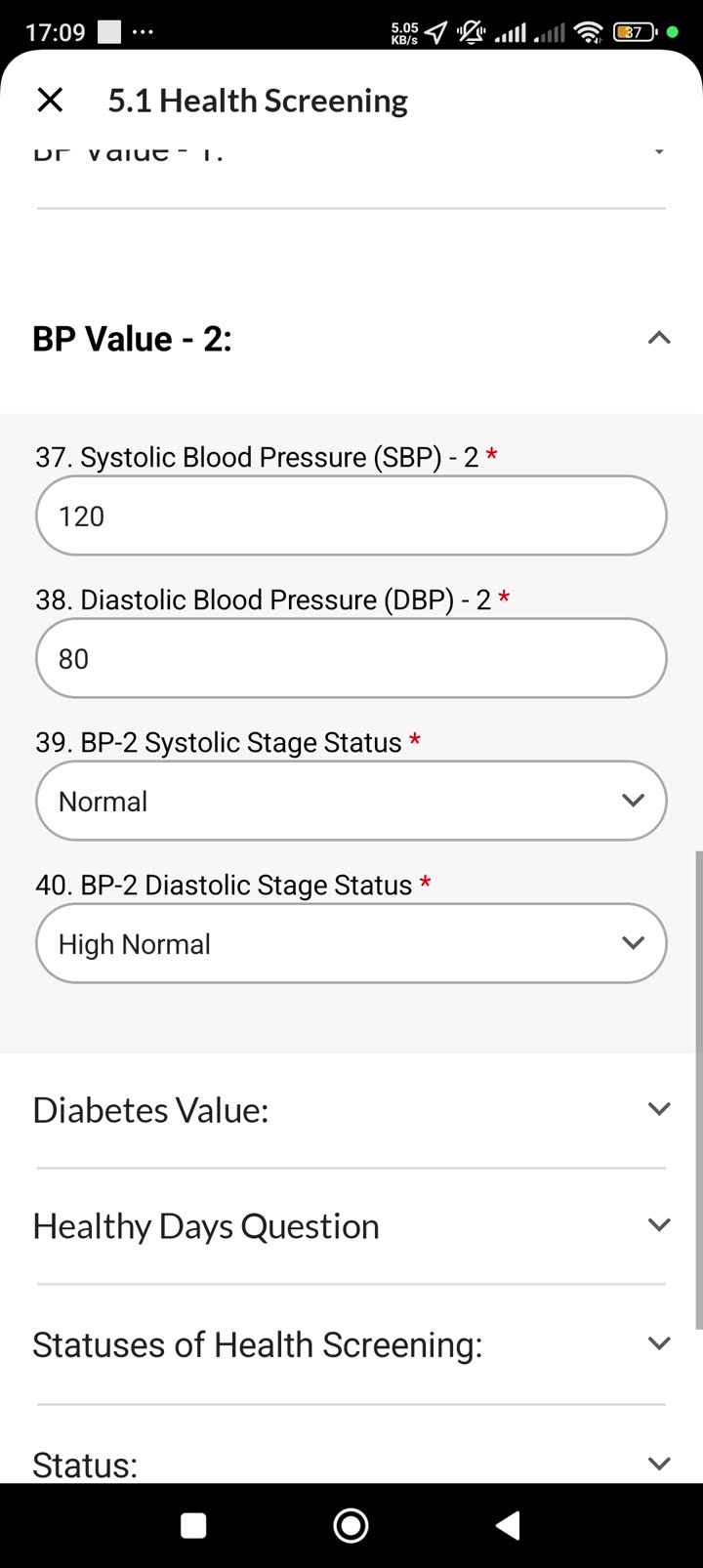 BP reading 2 — SBP 120, DBP 80, Systolic Stage = Normal, Diastolic Stage = High Normal