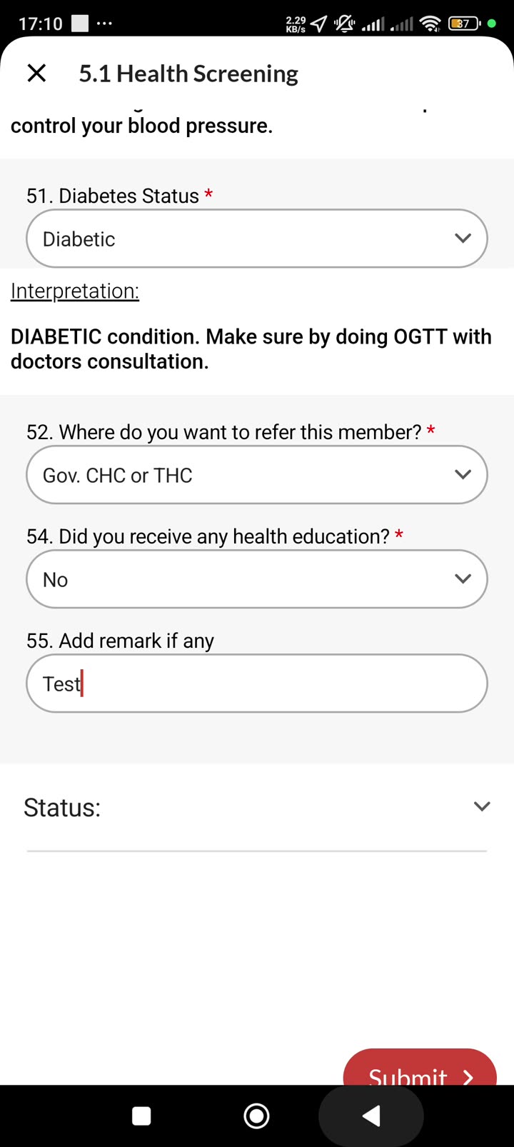 Diabetes Status = Diabetic, Referral = Gov. CHC or THC, Health Education = No, Submit button visible