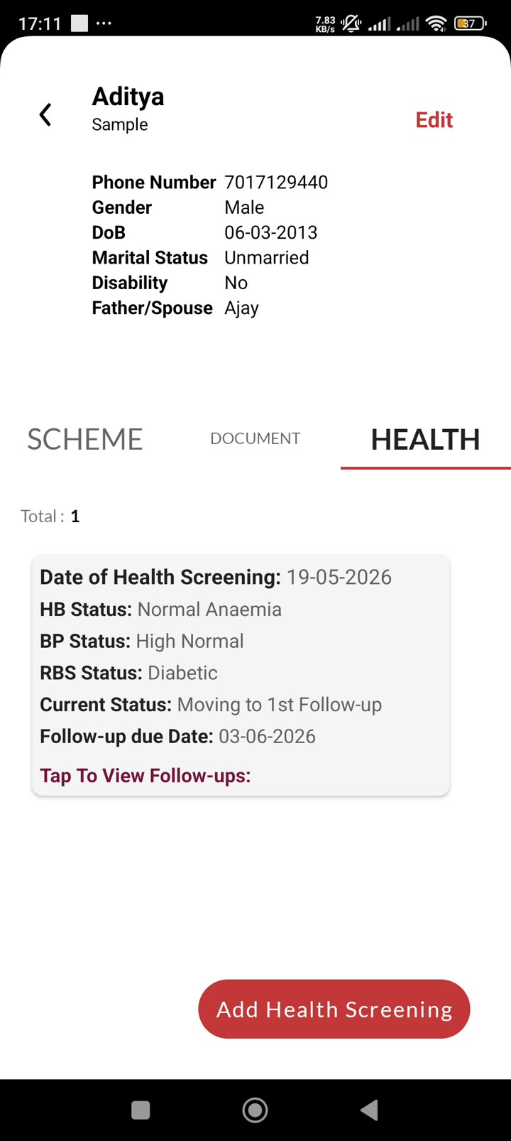 Health tab — screening summary card post-submit showing current status and follow-up due date
