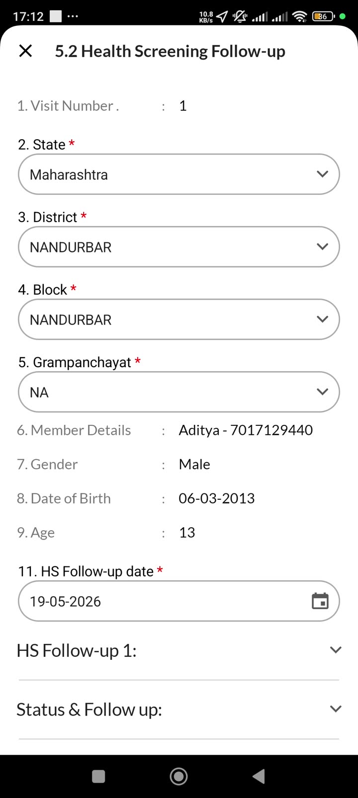Follow-up form — Visit Number 1, geography auto-populated, member Aditya - 7017129440