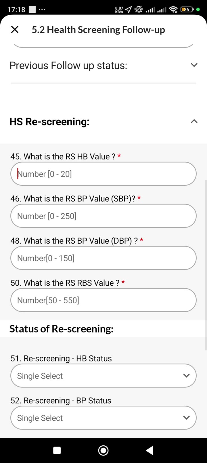 Re-screening section — RS HB Value, RS BP (SBP/DBP), RS RBS inputs, Status of Re-screening fields