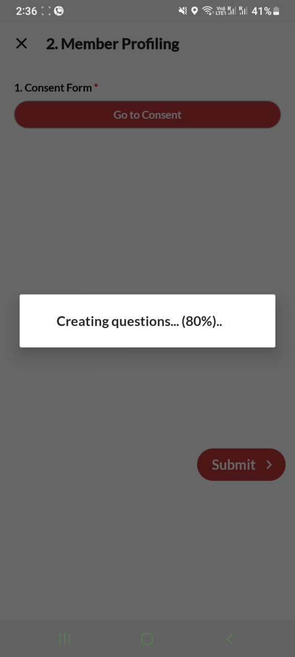 Loading state: "Creating questions... (NN%).."